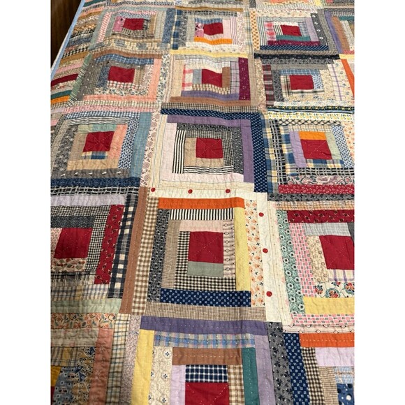 Antique Log Cabin Quilt Reversible Twin/full Blue Trim Floral Back 81” X 64” - Picture 5 of 16